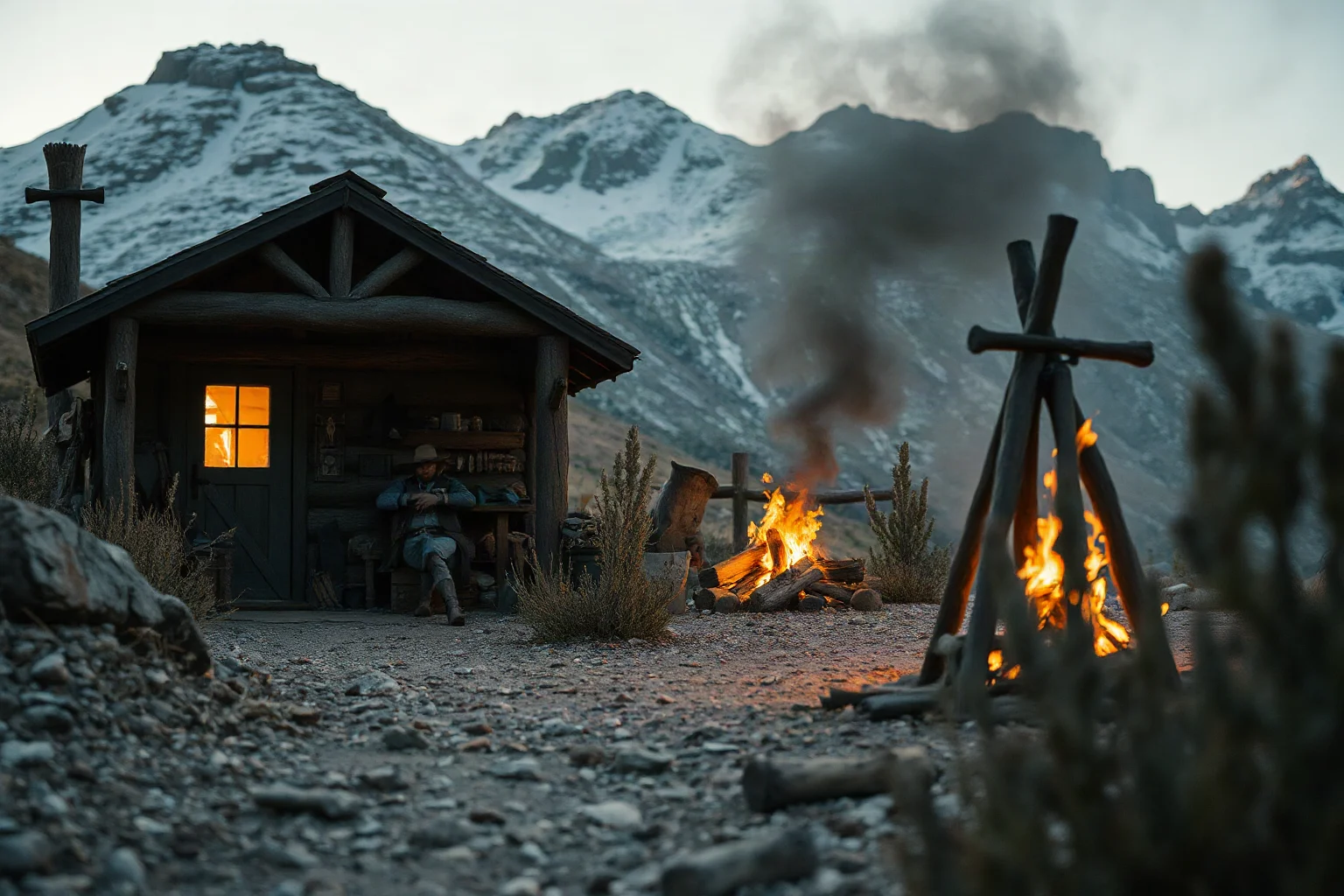 A lone outlaw gunslinger resting near a campfire in a remote mountain hideout
