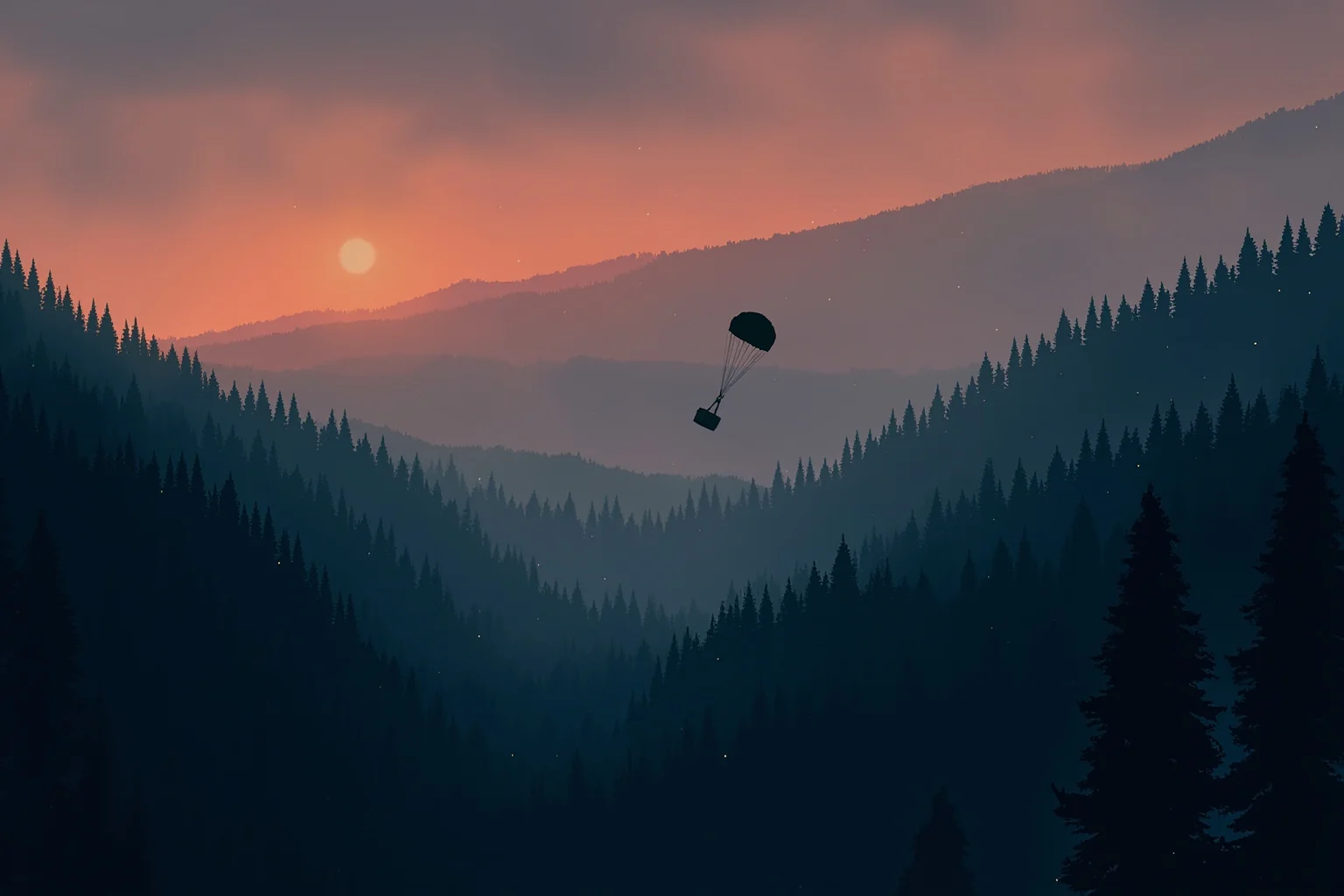 20 of the Most Mysterious People in History 5 A lone parachute drifting down into a dense forested mountain landscape at dusk, suitcase falling nearby, moody illustration