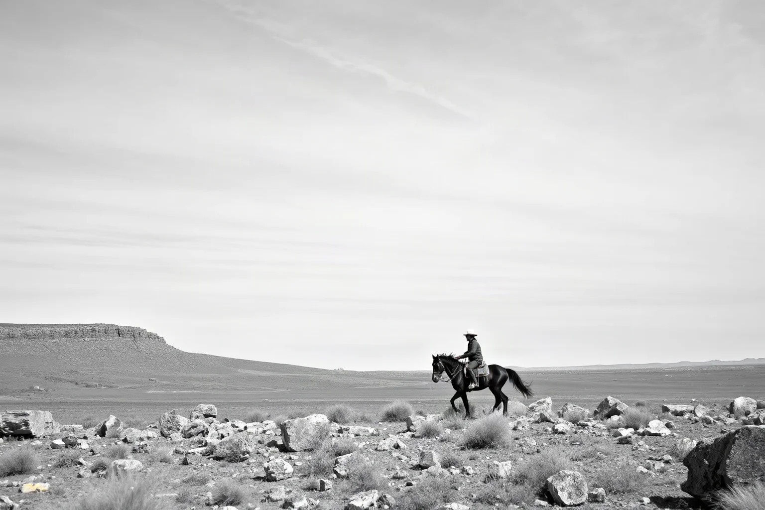 A lone Pony Express rider on a galloping horse crossing rugged open frontier terrain