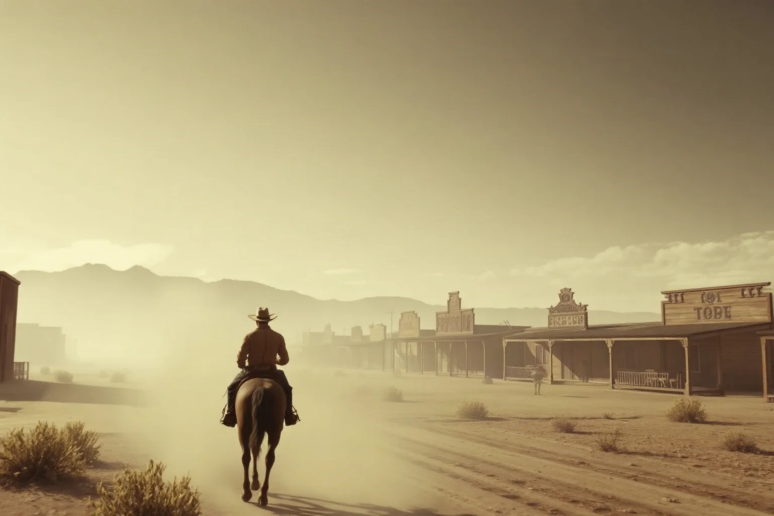 A lone rider leaving a dusty frontier town behind, looking back at the buildings fading in the distance