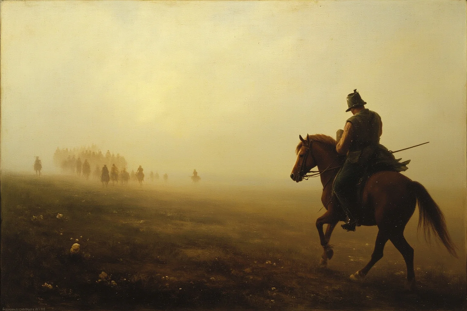 The Mad Baron Who Conquered Mongolia: The Bloody Life of Roman von Ungern-Sternberg 18 A lone rider looking back at a retreating army column disappearing into fog, illustrative painting