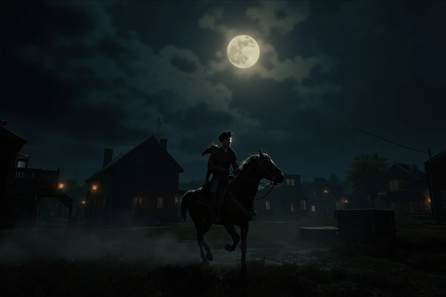 A lone rider on horseback galloping through a moonlit colonial-era town