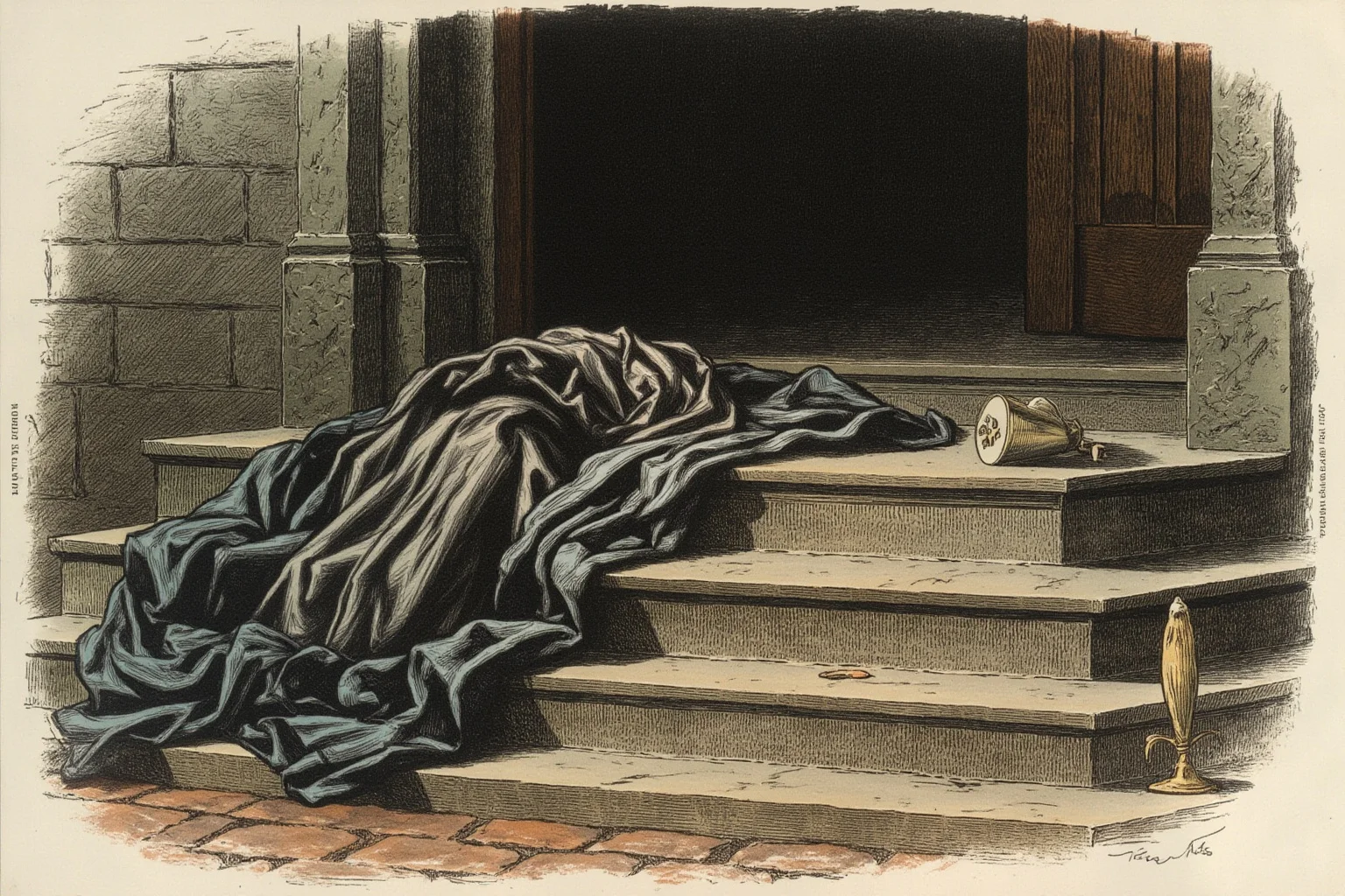 Brutal Forms of Public Humiliation Throughout History 13 A lone sackcloth robe and unlit candle laid on stone church steps, historical illustration style