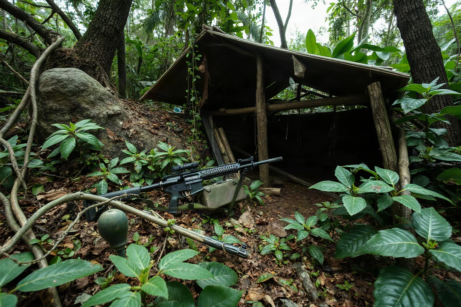 A lone soldier's overgrown jungle campsite with an old rifle and makeshift shelter, decades of dust and vines around it