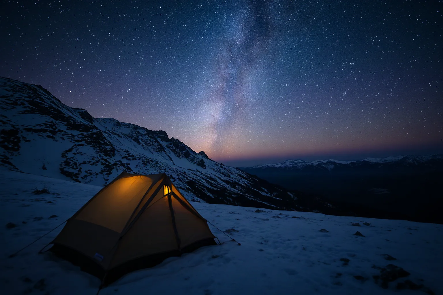 A lone torn canvas tent on a snowy mountainside at night under a starry sky