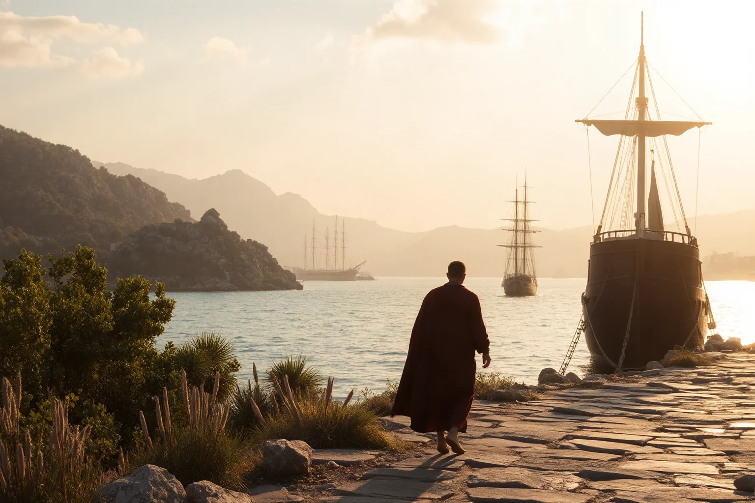 A lone traveler in ancient robes walking away from Athens toward a ship at a harbor, dawn light