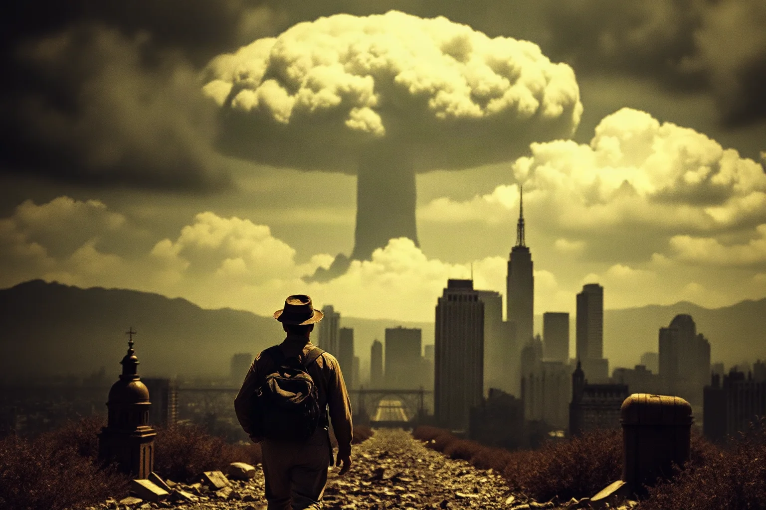 A lone traveler walking away from a devastated city skyline under an ominous mushroom-shaped cloud, 1940s style