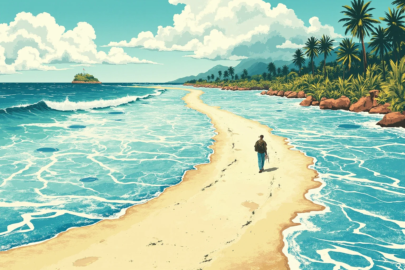 Longest Journeys Ever Undertaken On Foot 11 A lone walker on a long empty road stretching from icy tundra to tropical coastline, stylized world-map illustration