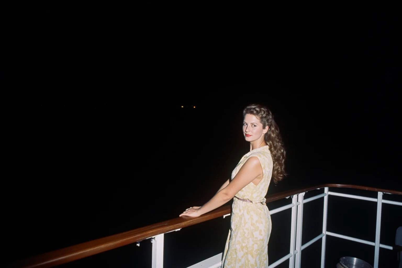 22 Hollywood Stars Whose Lives Ended in Tragedy 5 A lone woman in 1980s attire standing at the edge of a yacht deck at night, looking out over dark ocean water