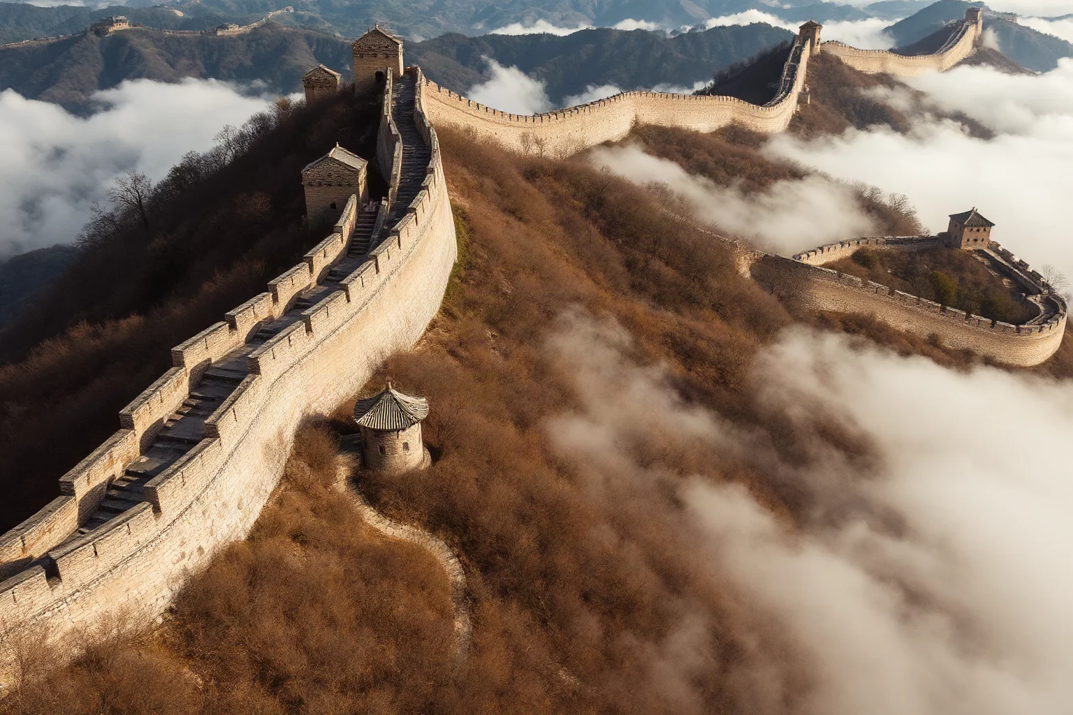 A long ancient stone and earth defensive wall snaking over rolling hills in northern China, early dynasty style