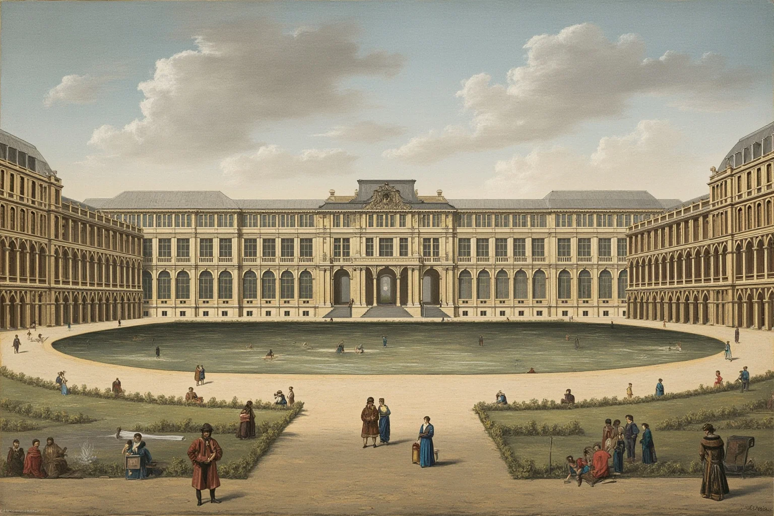 A long arcaded gallery building with a U-shaped courtyard opening toward a river