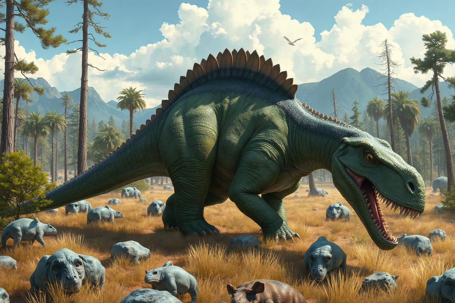 A long-bodied Giganotosaurus stalking through open Cretaceous woodland in South America, realistic paleoart style