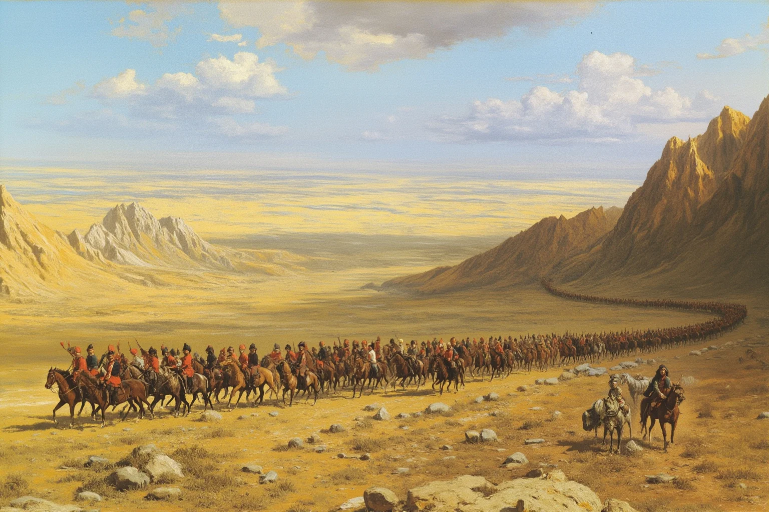 The Mad Baron Who Conquered Mongolia: The Bloody Life of Roman von Ungern-Sternberg 11 A long column of horse cavalry crossing a mountain pass into a vast steppe region, painterly illustration