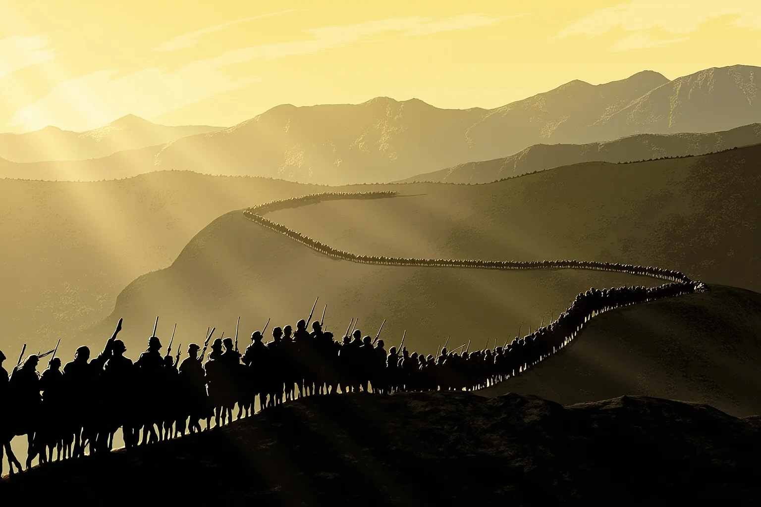 Longest Journeys Ever Undertaken On Foot 7 A long column of soldiers and travelers winding across mountainous terrain in silhouette, historical illustration style