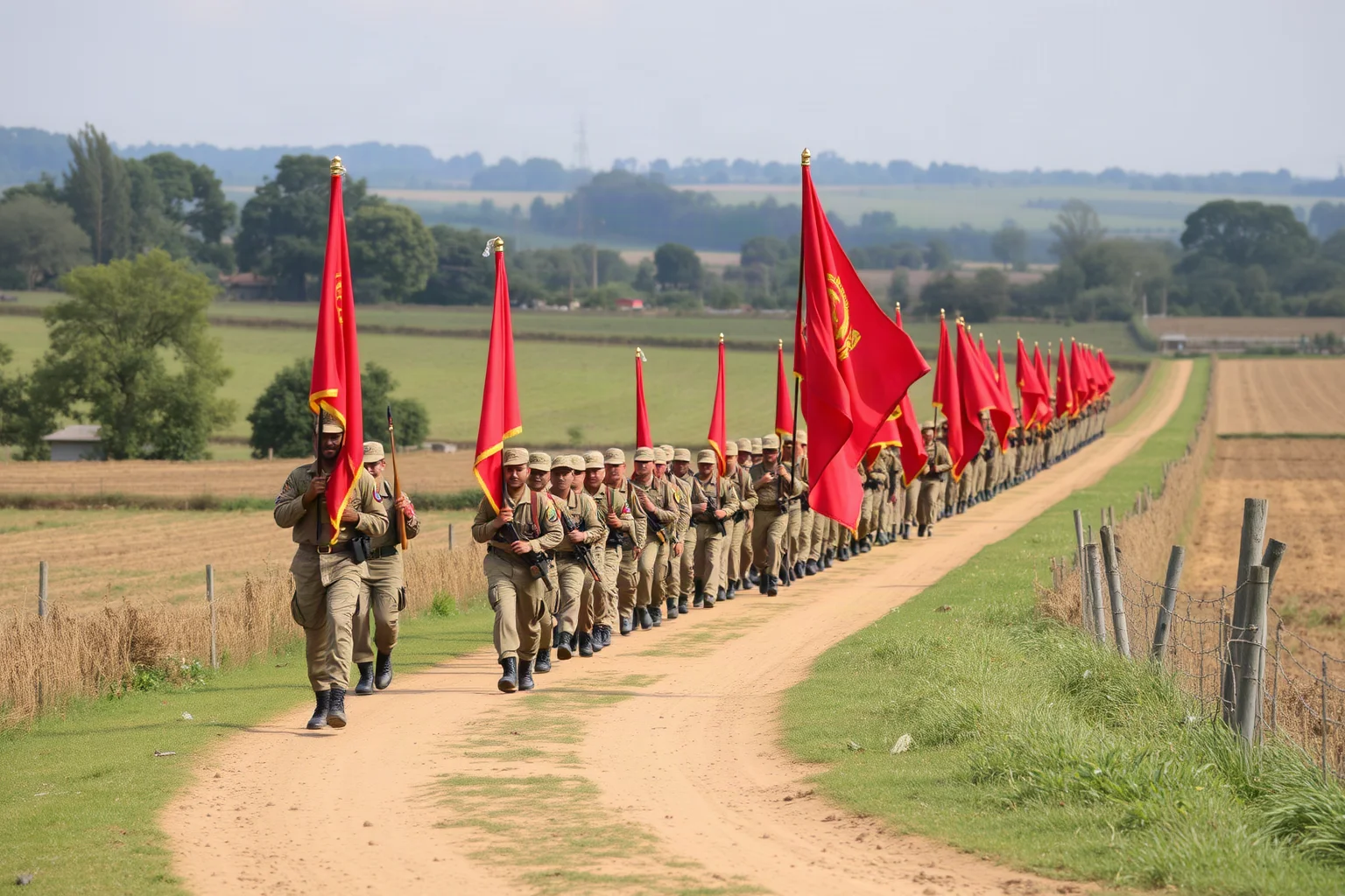 A long column of soldiers marching with red flags through a rural countryside