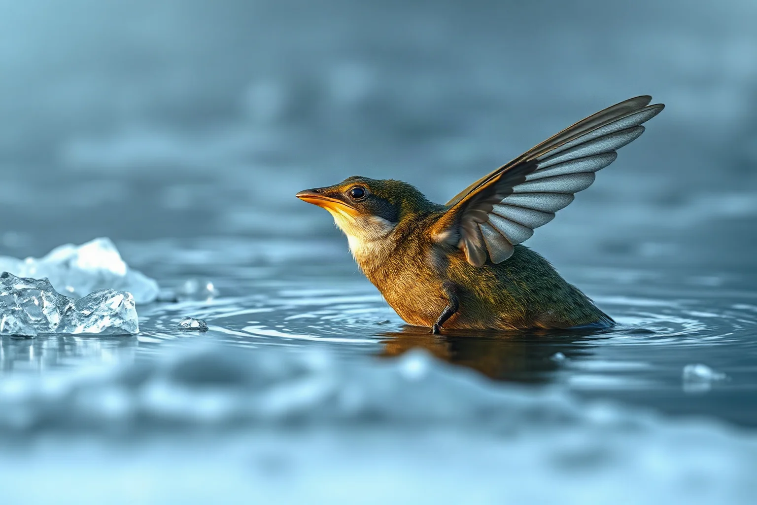 A long-haired greenish amphibious creature humming softly near icy Arctic shoreline waters