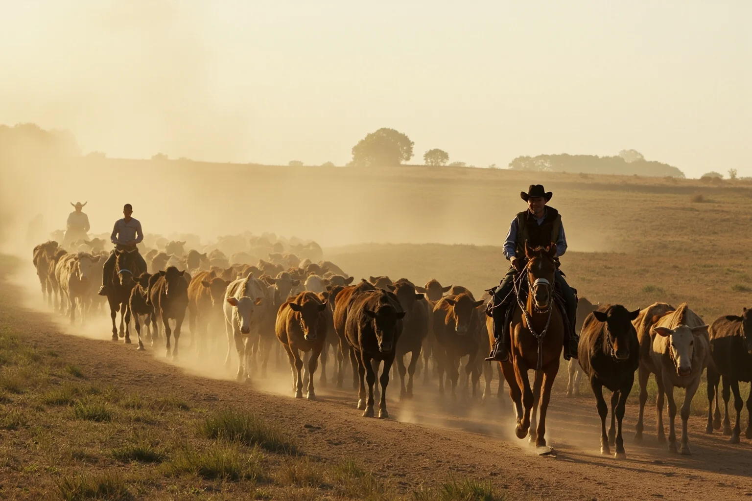 A long line of cattle being driven across a rugged trail by exhausted cowboys under a dusty sky