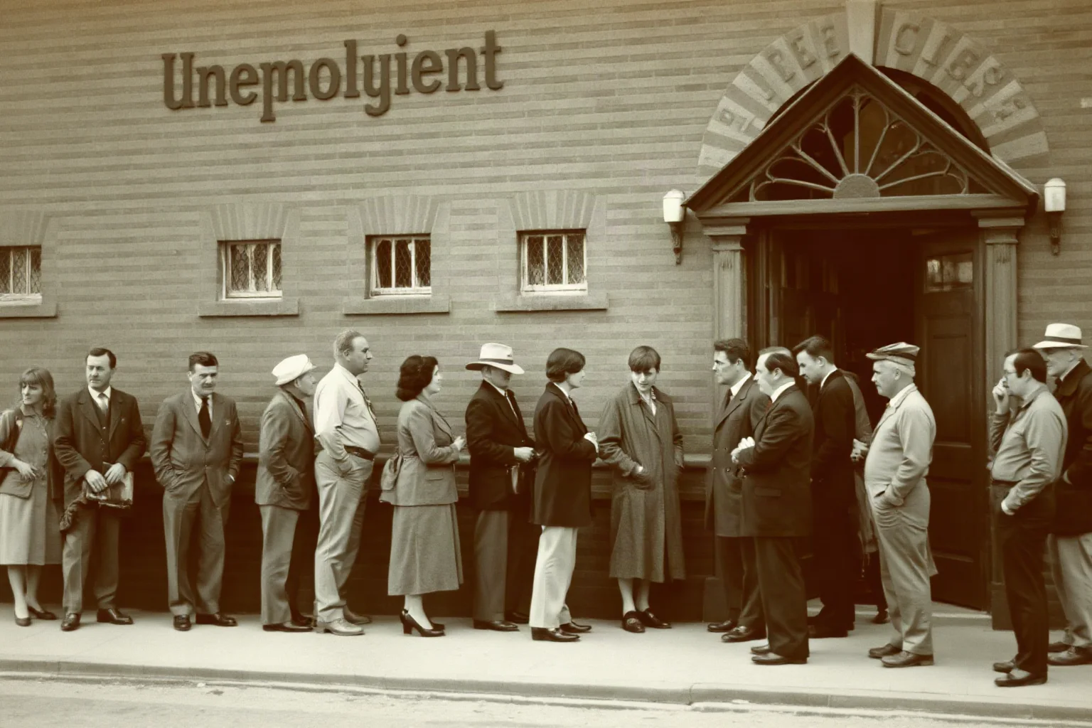 A long line of unemployed men and women waiting outside a plain brick building during the 1930s, muted sepia tones