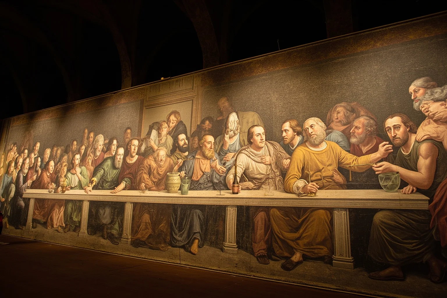 A long Renaissance mural scene of a group of men seated at a long table in dramatic discussion, fresco style with dramatic lighting