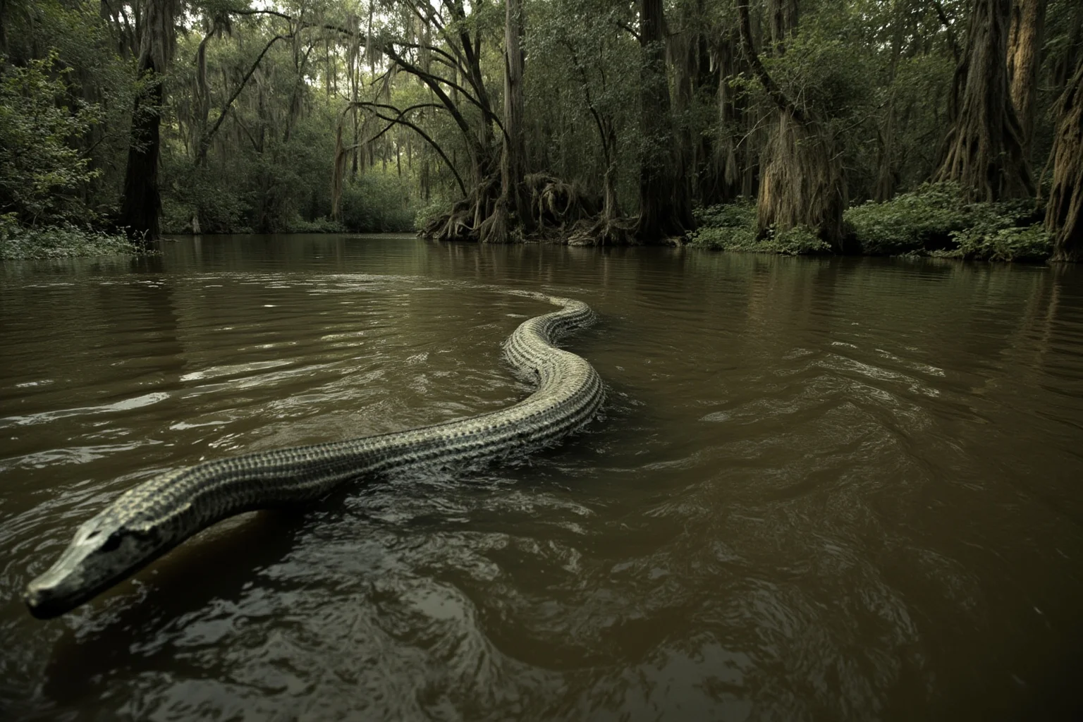 Famous Cryptids: 10 You Know and 16 Wild Ones You Probably Don't 13 A long serpent-like creature swimming through a murky southern river surrounded by cypress trees