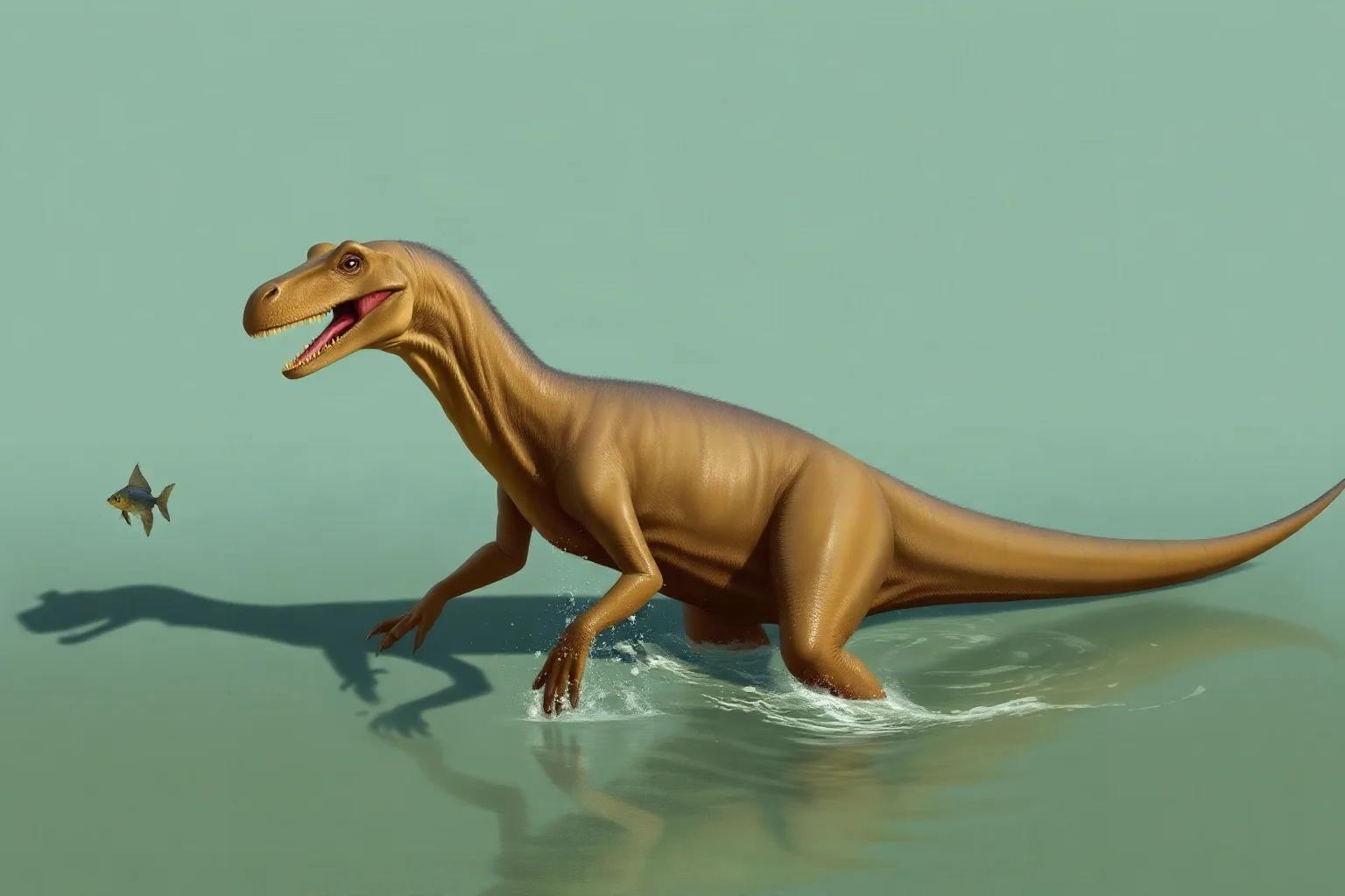 A long-snouted Suchomimus wading through shallow water hunting fish, realistic paleoart style