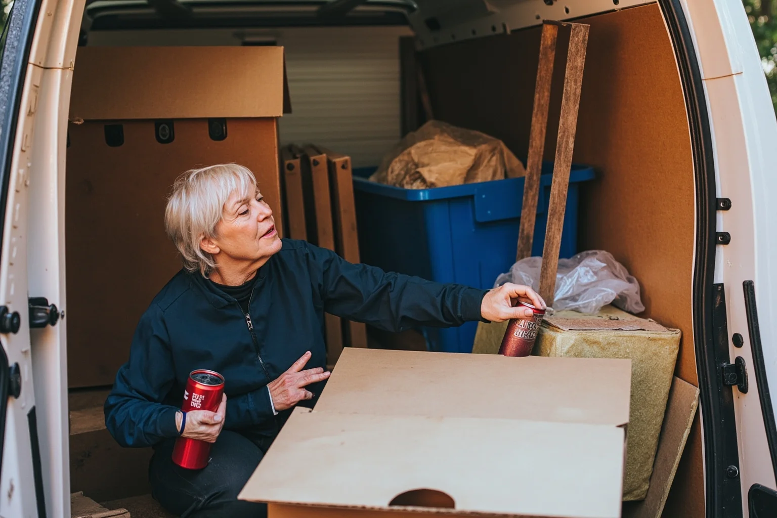 A Loyalist woman packing belongings and household items, preparing to flee her home