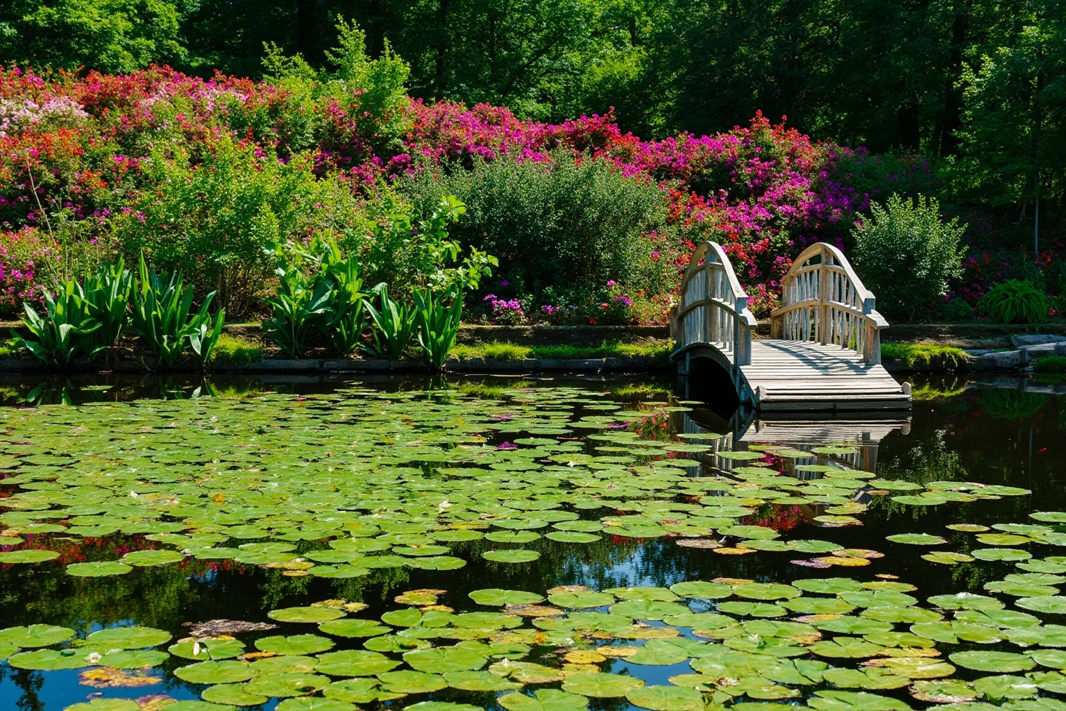 Amazing Facts About Claude Monet: His Life and 10 Greatest Paintings 10 A lush flower garden with a curved wooden footbridge over a still pond covered in lily pads