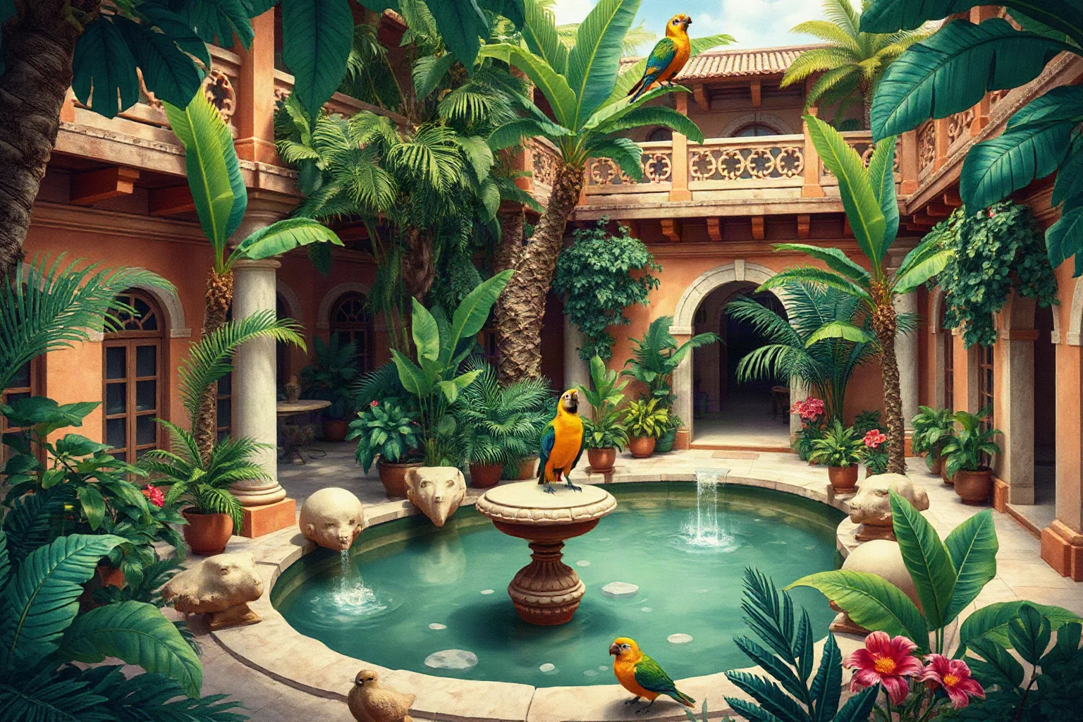 A lush illustrated tropical courtyard with aviaries, exotic birds, and stone pools, Mesoamerican architectural motifs