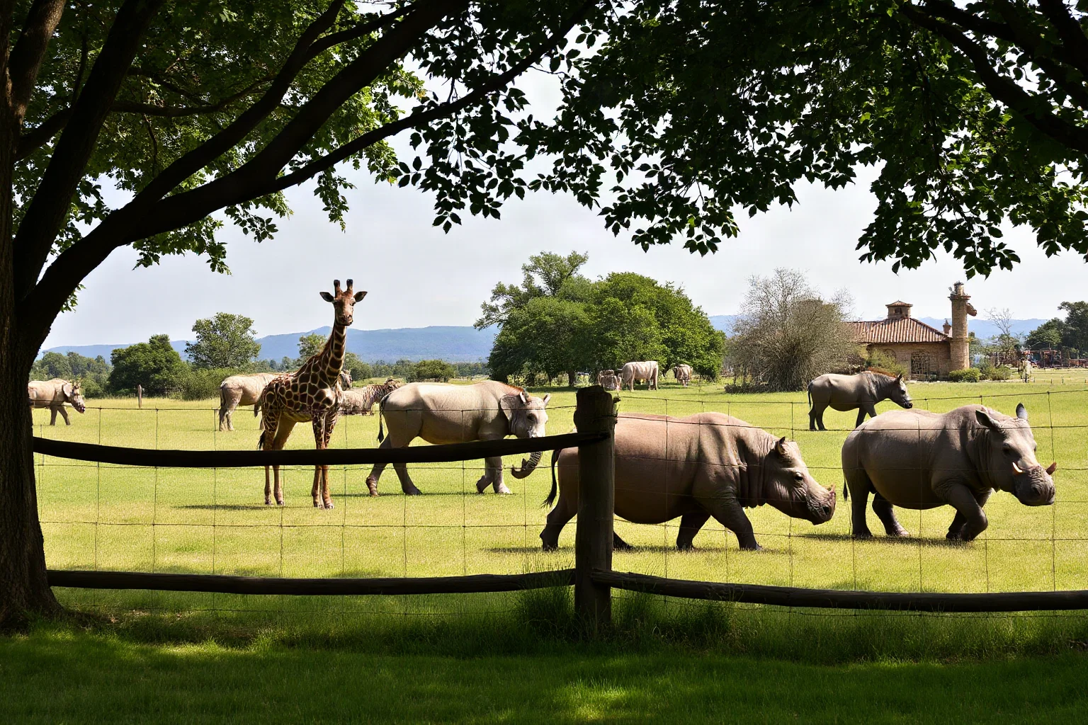 A lush private estate with exotic animals like giraffes and hippos roaming behind a fence, evoking an eccentric private zoo