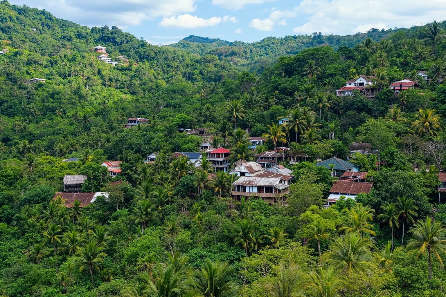 A lush tropical hillside village in Timor-Leste with traditional houses