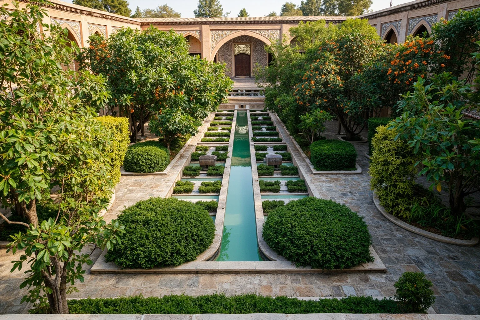 25 Captivating Facts About the Persian Empire 17 A lush walled ancient Persian garden with flowing water channels, fruit trees, and geometric pathways