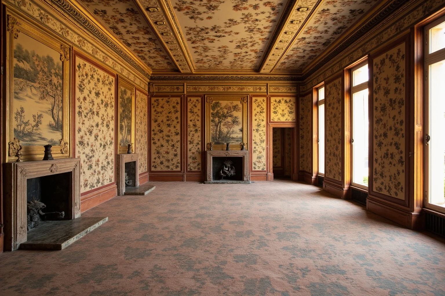 A luxurious 18th century drawing room with hand-painted Chinese floral wallpaper covering the walls