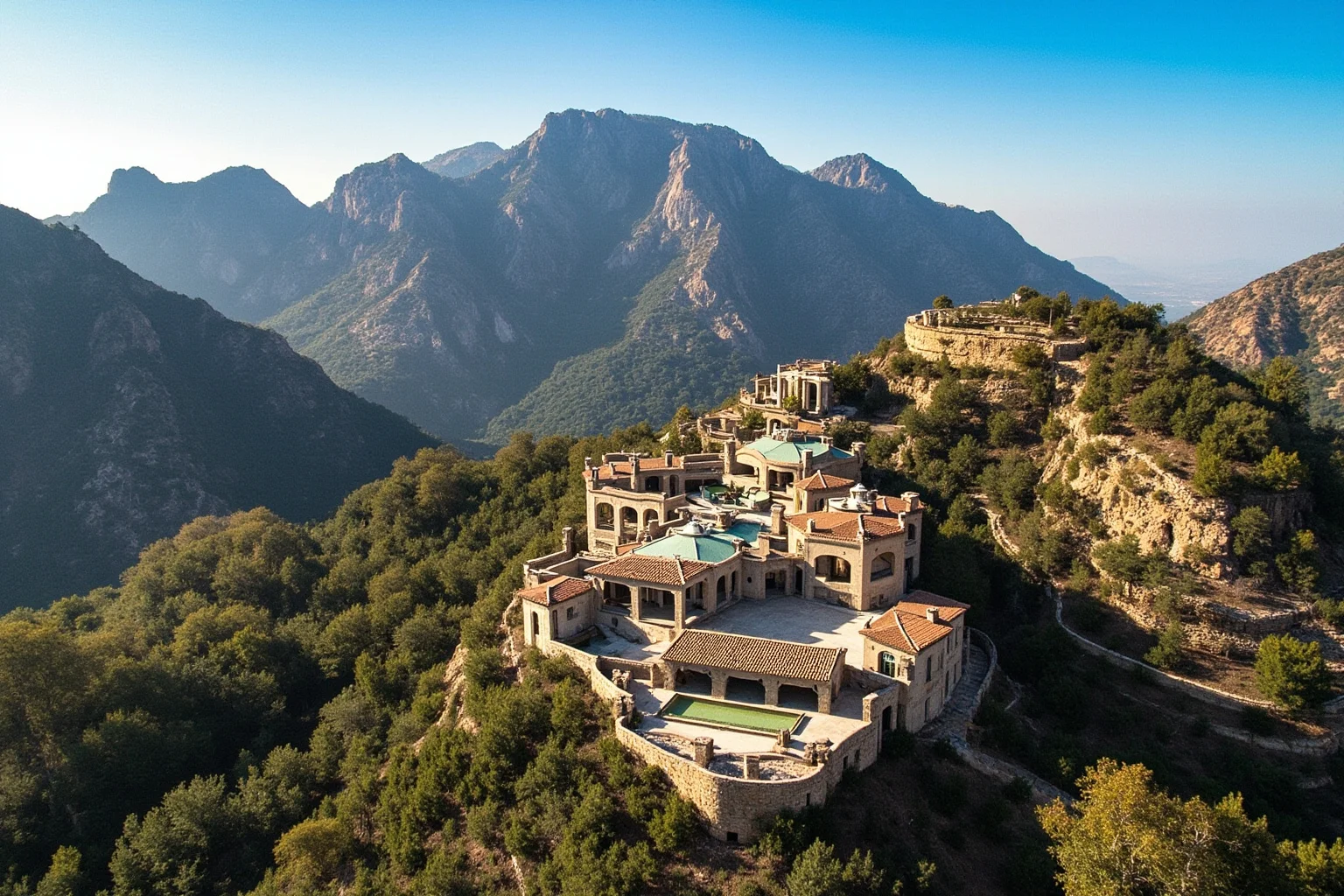 The Most Daring Prison Escapes in History 15 A luxurious hillside villa compound surrounded by mountains, resembling a private prison estate