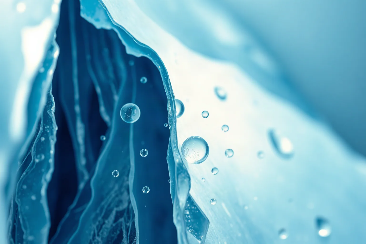 A macro-style illustration of glacial ice layers with tiny trapped air bubbles glowing softly