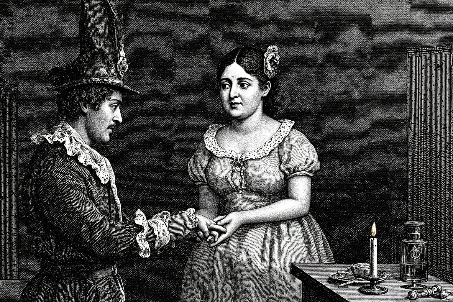 Familiars: The Long, Strange History of the Witch's Animal Companion 13 A magistrate examining a woman's arm by candlelight in a 17th-century courtroom, historical illustration