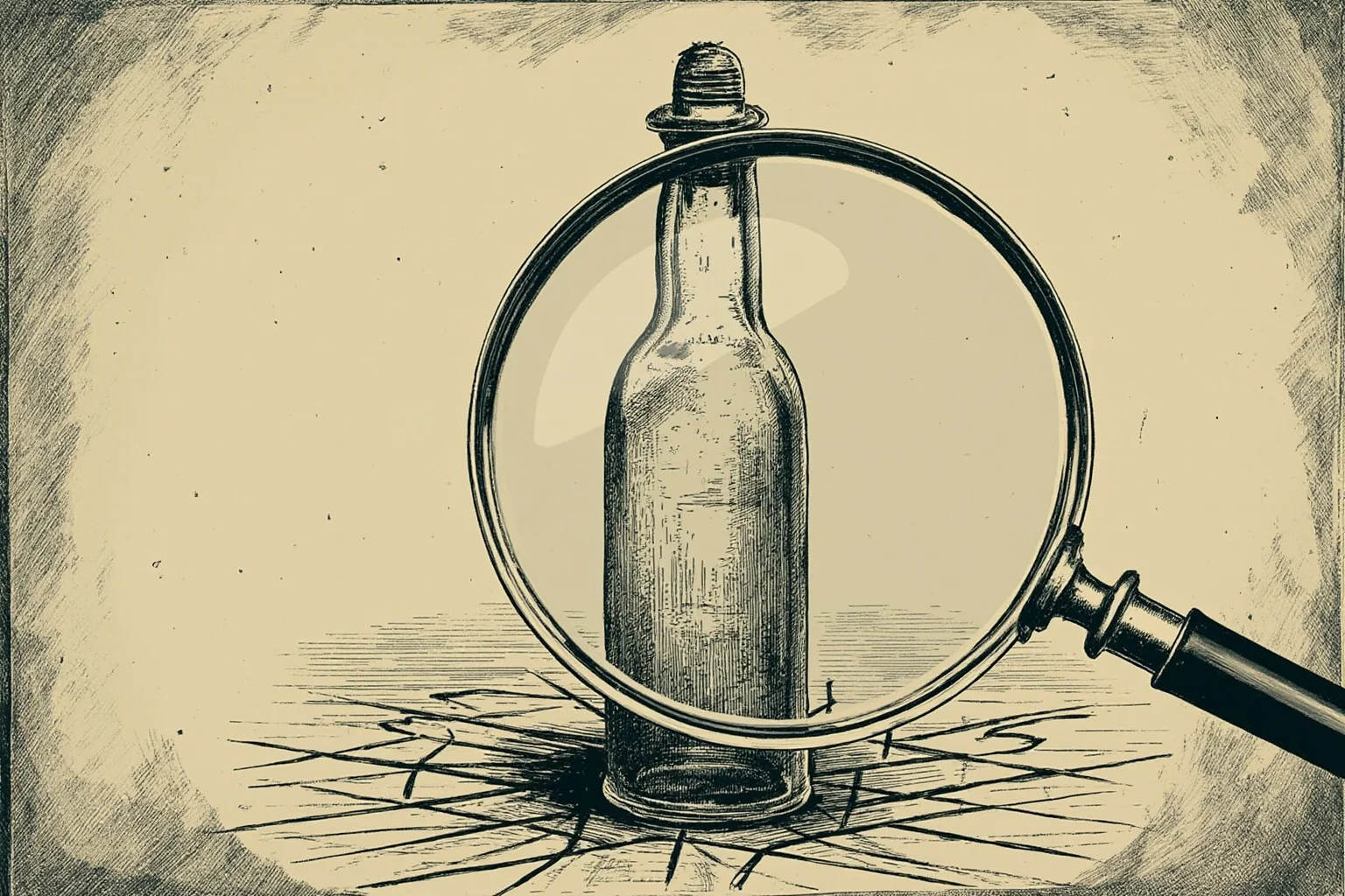 Strange History: Why Lighthouse Keepers Went Mad (Or Did They?) 16 A magnifying glass over an old mercury bottle and lighthouse blueprint, symbolic myth-busting illustration