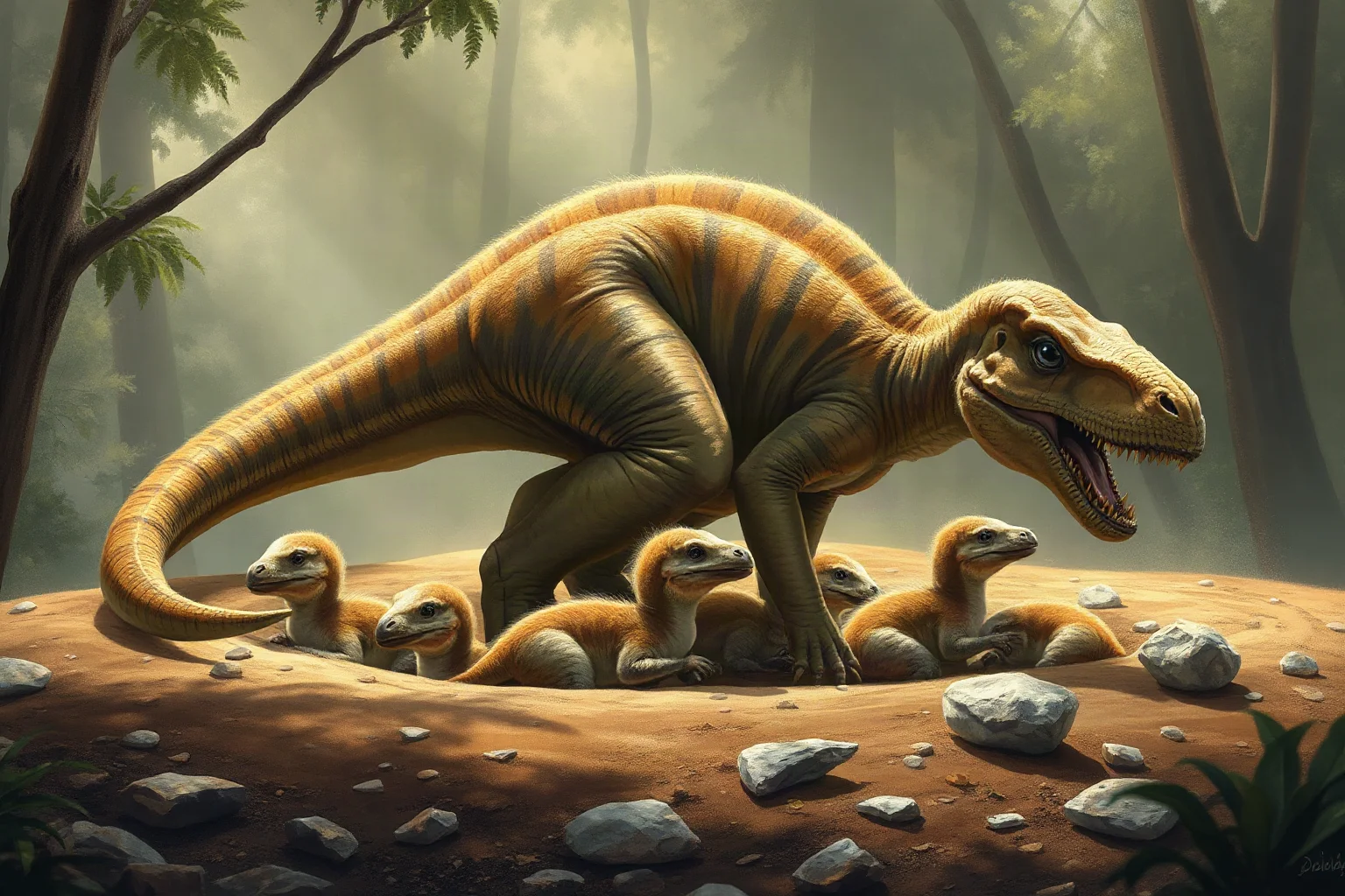 A Maiasaura adult surrounded by hatchlings at a nesting site, warm gentle scene, realistic paleoart style