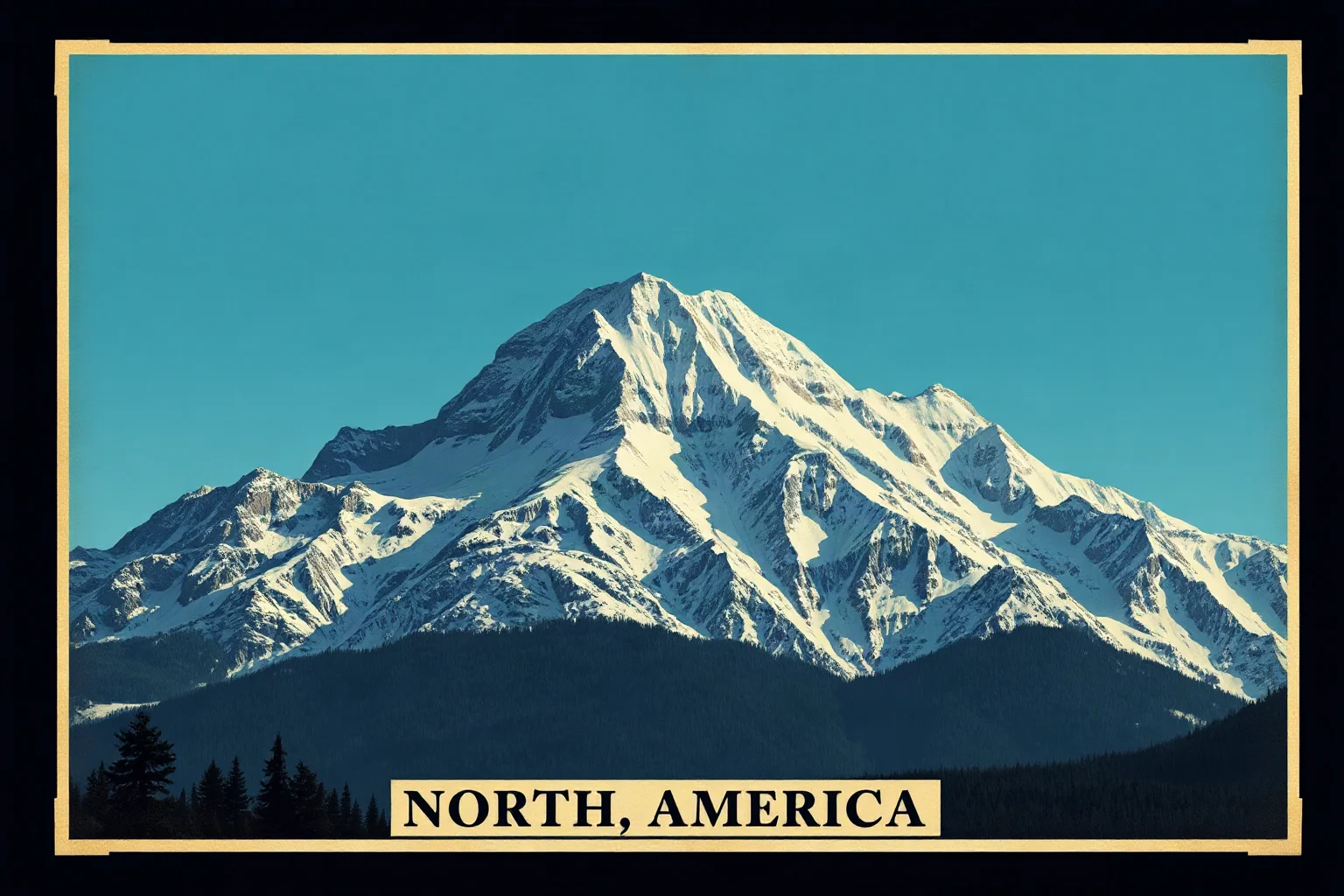 A majestic illustration of a snow-capped North American mountain peak under a clear sky, labeled with an antique-style map
