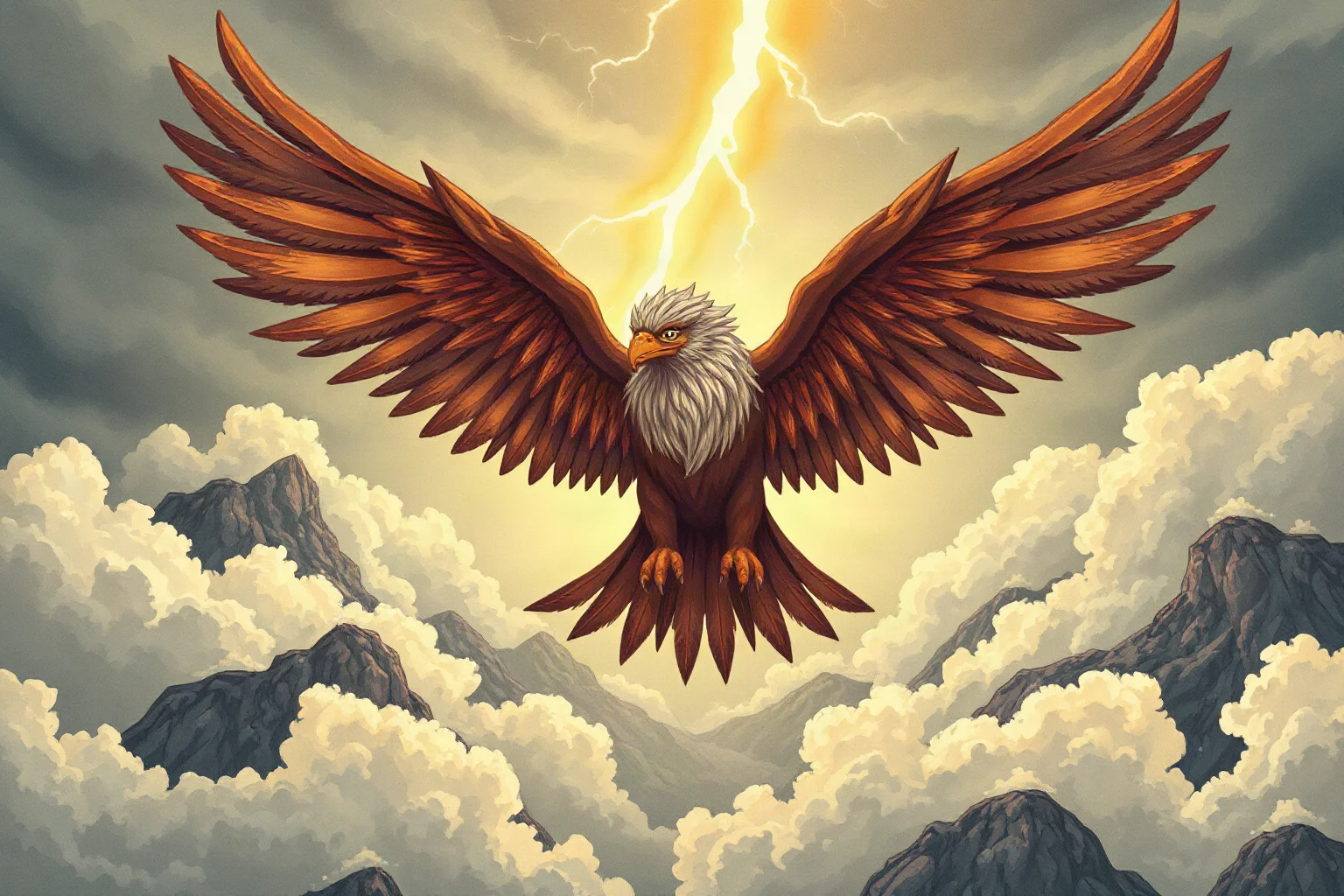 A majestic mythical thunderbird with outstretched wings above stormy mountain clouds, folklore illustration style