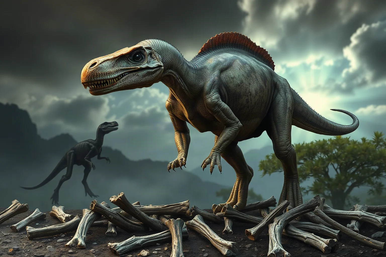 A Majungasaurus with a short thick skull standing over bones on Cretaceous Madagascar, eerie mood, realistic paleoart style