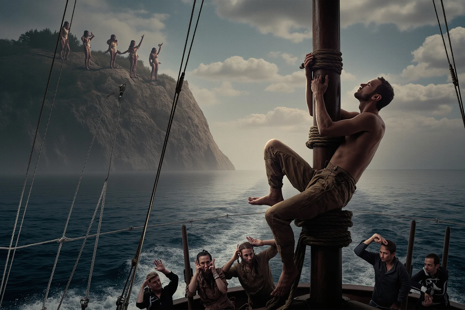 A man bound to a ship's mast while mysterious female figures sing from rocky cliffs in the distance, with crew members plugging their ears