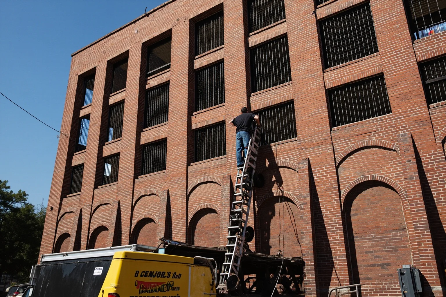 The Most Daring Prison Escapes in History 13 A man climbing over a tall brick prison wall on a rope ladder toward a truck below