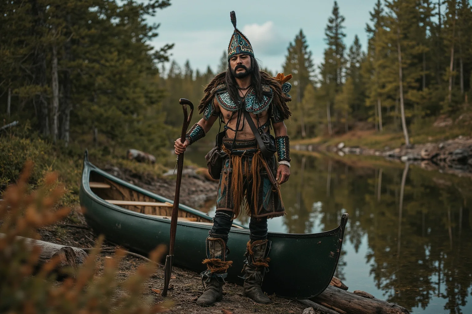 A man dressed in Indigenous-inspired wilderness clothing standing in a Canadian forest with a canoe nearby