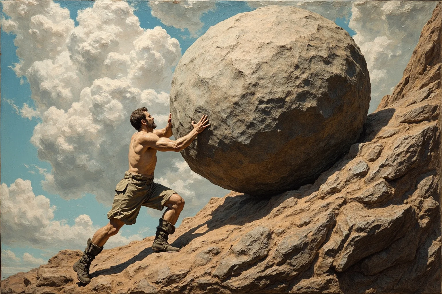 A man eternally pushing a massive boulder up a steep hill, the boulder rolling back down behind him, in a classical relief carving style