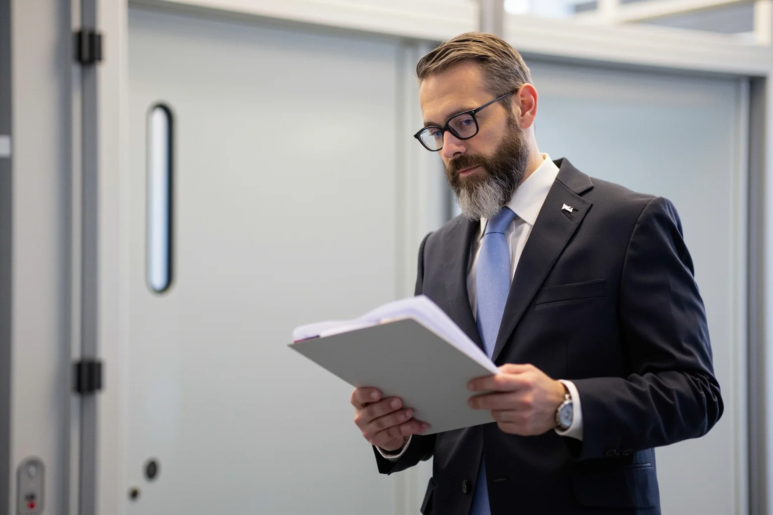 A man in a suit reviewing clipboard notes while standing near a cell door, representing a researcher embedded in the study