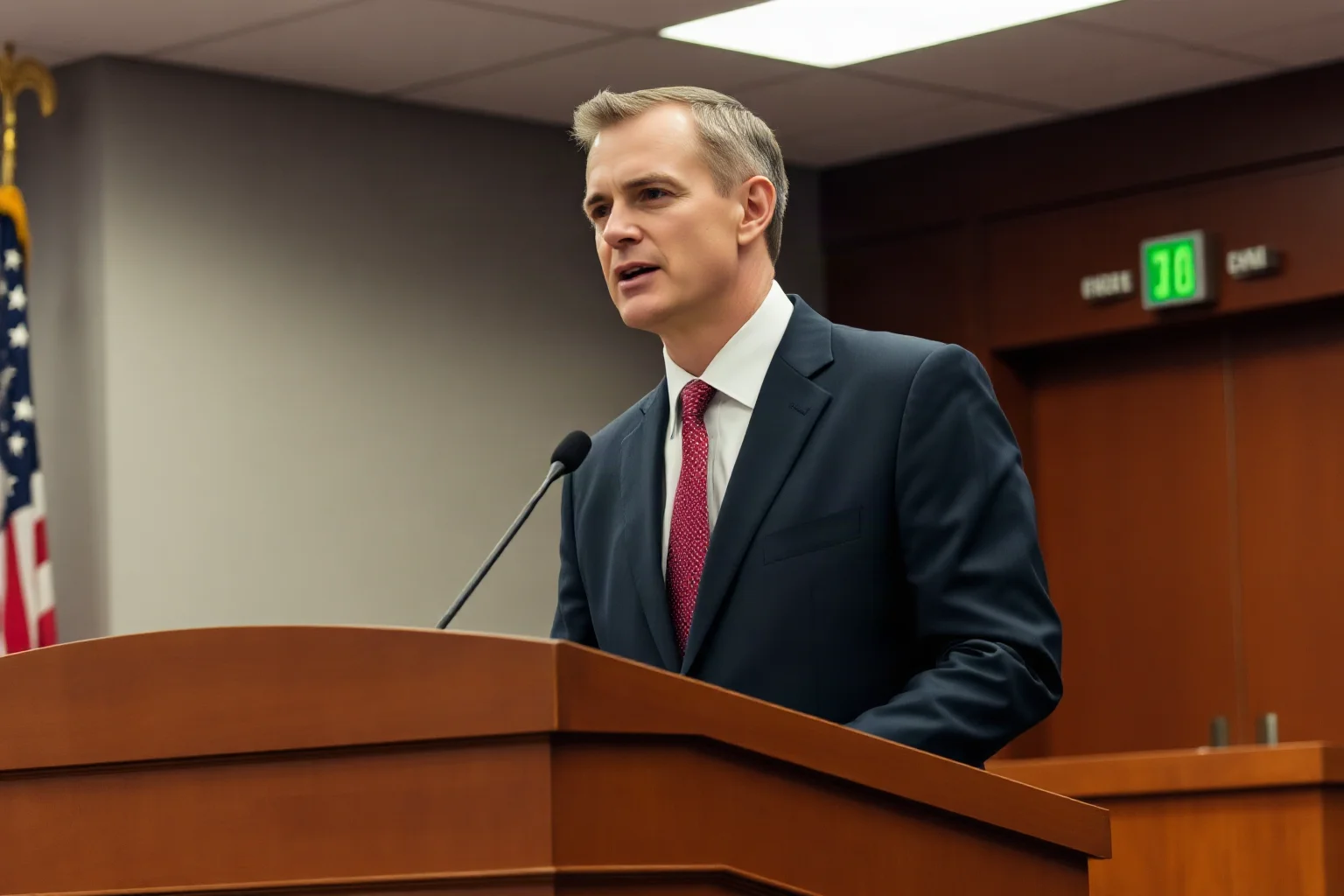 A man in a suit standing calmly and speaking from behind a courtroom dock