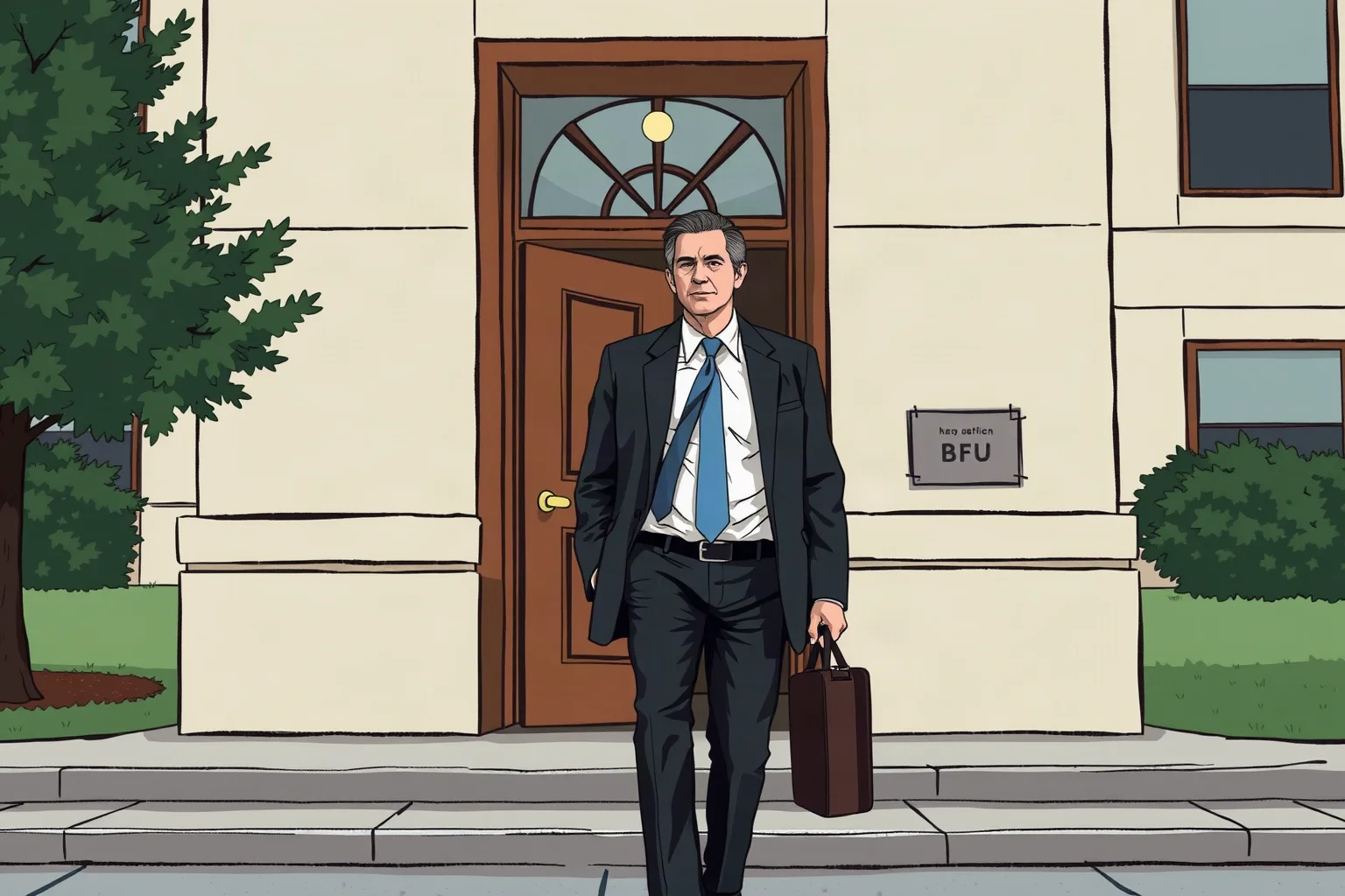 A man leaving a nondescript office building in suburban Virginia, briefcase in hand, muted color illustration