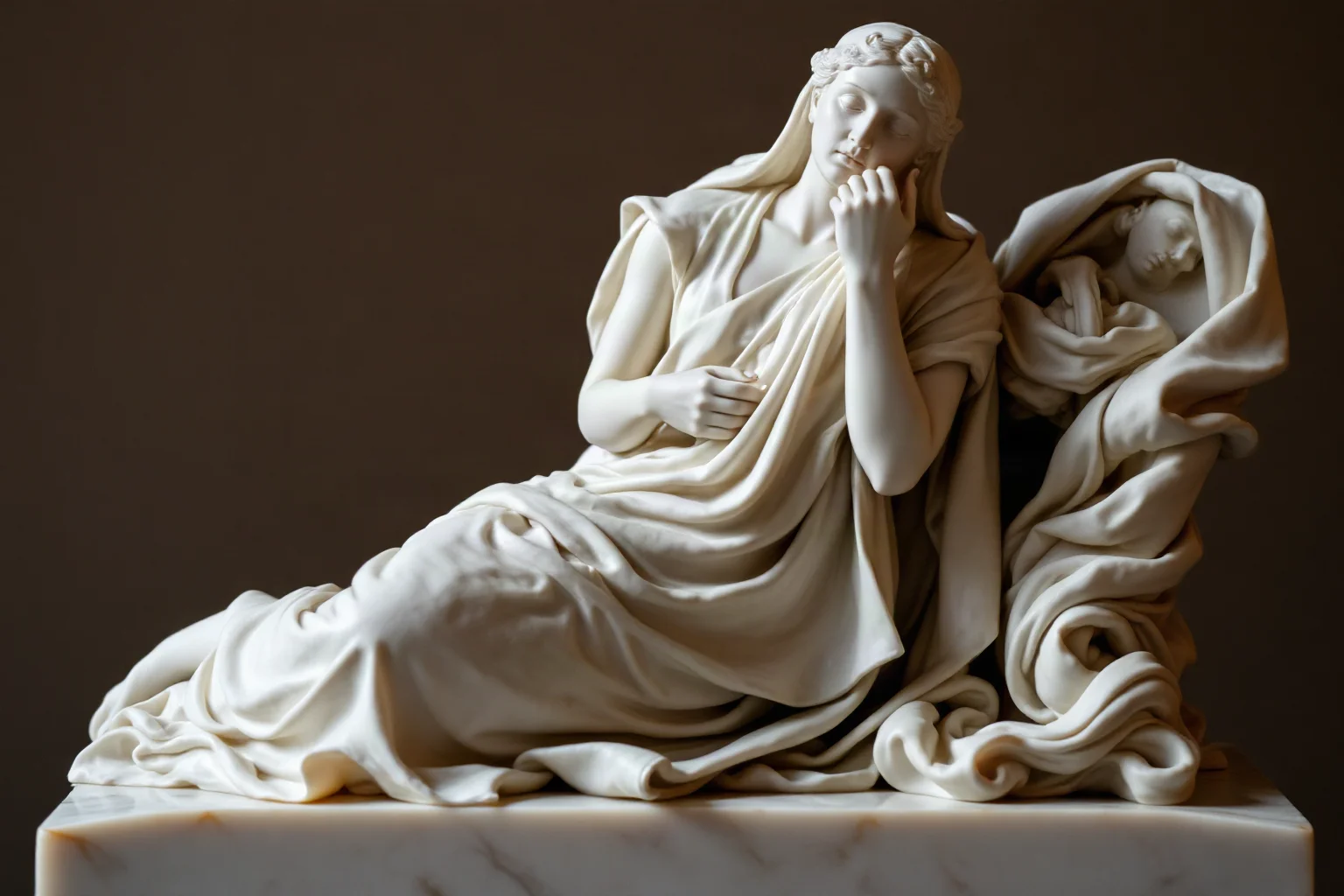 A marble sculpture of a seated woman gently cradling a draped figure, soft mourning expression
