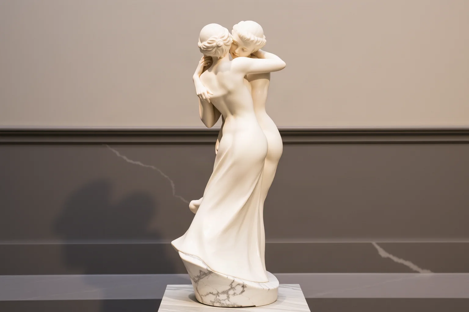 A marble sculpture of two entwined figures embracing tenderly, smooth stone texture, gallery setting