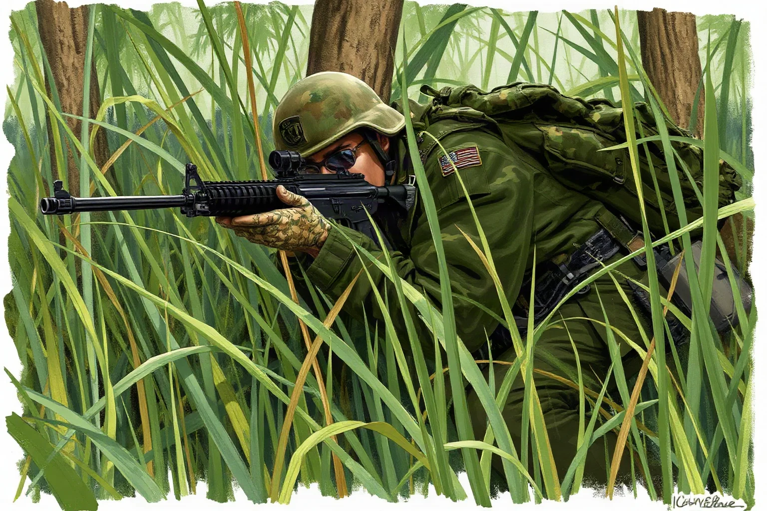 A Marine Corps sniper in ghillie suit camouflage lying motionless in tall grass, illustrative painting style, Vietnam jungle setting